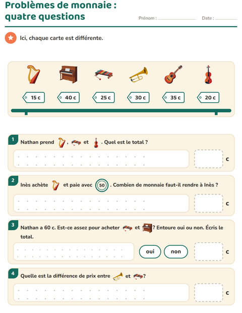 Aperçu de la fiche Compter la monnaie avec Musique pour CE1 (cours élémentaire 1)
