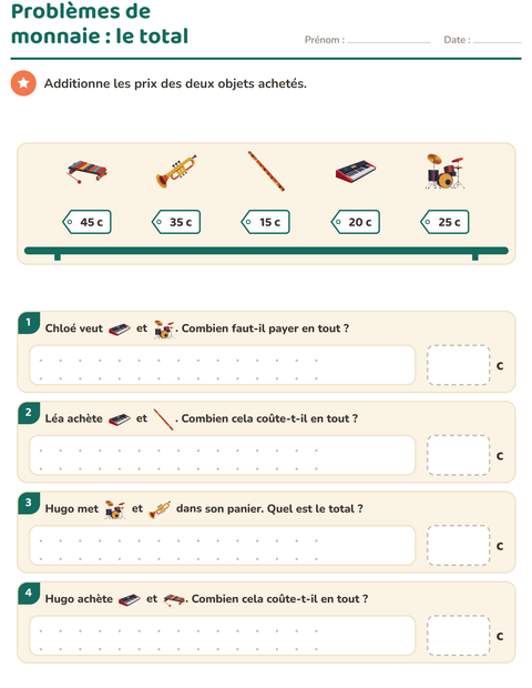 Aperçu de la fiche Compter la monnaie avec Musique pour CE1 (cours élémentaire 1)