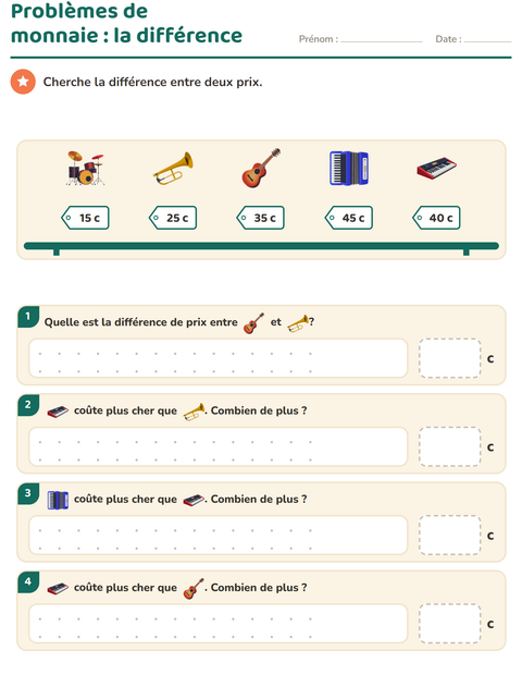 Aperçu de la fiche Compter la monnaie avec Musique pour CE1 (cours élémentaire 1)