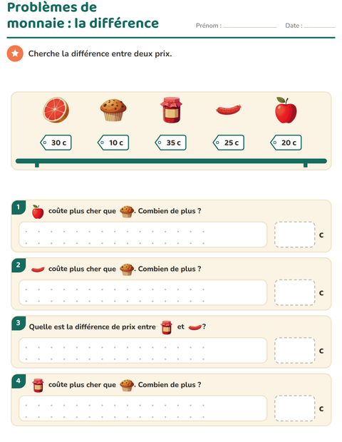 Aperçu de la fiche Compter la monnaie avec Petit-déjeuner pour CE1 (cours élémentaire 1)