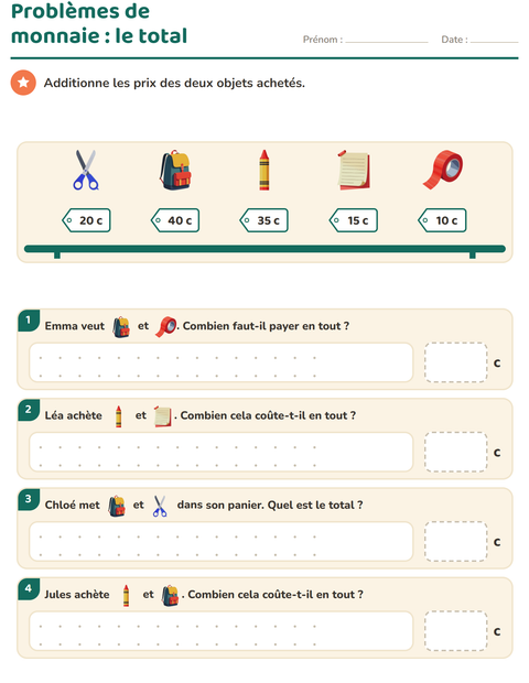 Aperçu de la fiche Compter la monnaie avec Salle de classe pour CE1 (cours élémentaire 1)