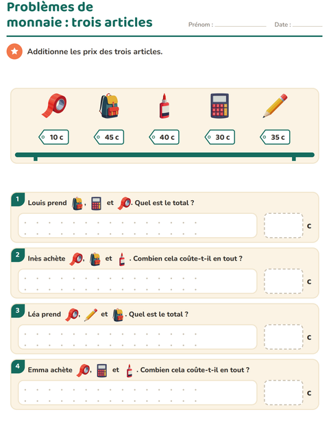 Aperçu de la fiche Compter la monnaie avec Salle de classe pour CE1 (cours élémentaire 1)