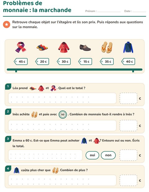 Aperçu de la fiche Compter la monnaie avec Vêtements pour CE1 (cours élémentaire 1)