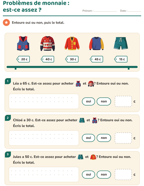 Aperçu de la fiche Compter la monnaie avec Vêtements pour CE1 (cours élémentaire 1)