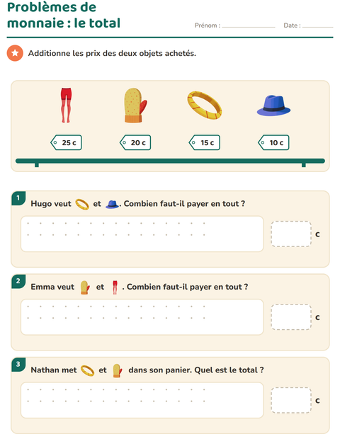 Aperçu de la fiche Compter la monnaie avec Accessoires pour CE1 (cours élémentaire 1)