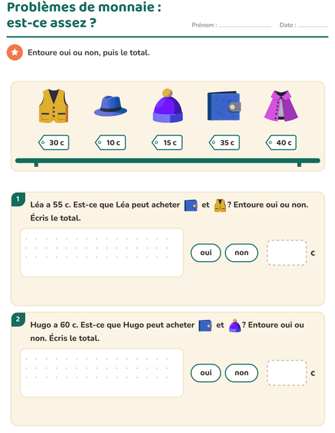 Aperçu de la fiche Compter la monnaie avec Accessoires pour CE1 (cours élémentaire 1)