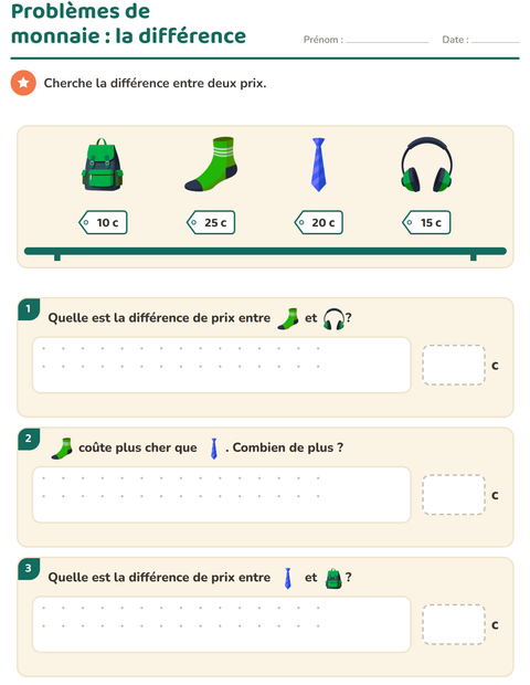 Aperçu de la fiche Compter la monnaie avec Accessoires pour CE1 (cours élémentaire 1)