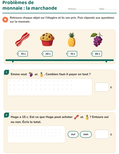 Aperçu de la fiche Compter la monnaie avec Au supermarché pour CE1 (cours élémentaire 1)