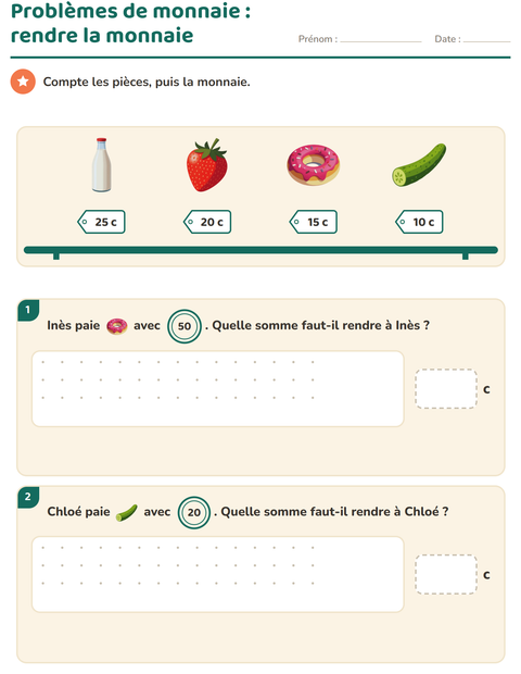 Aperçu de la fiche Compter la monnaie avec Au supermarché pour CE1 (cours élémentaire 1)