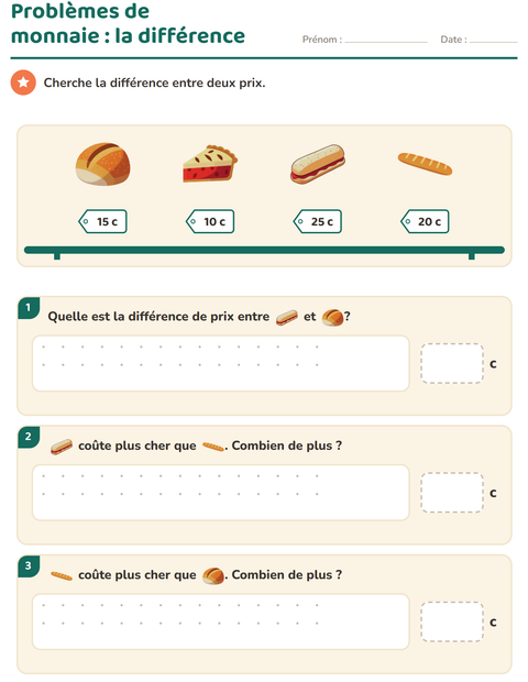 Aperçu de la fiche Compter la monnaie avec Boulangerie pour CE1 (cours élémentaire 1)