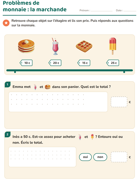 Aperçu de la fiche Compter la monnaie avec Desserts et sucreries pour CE1 (cours élémentaire 1)