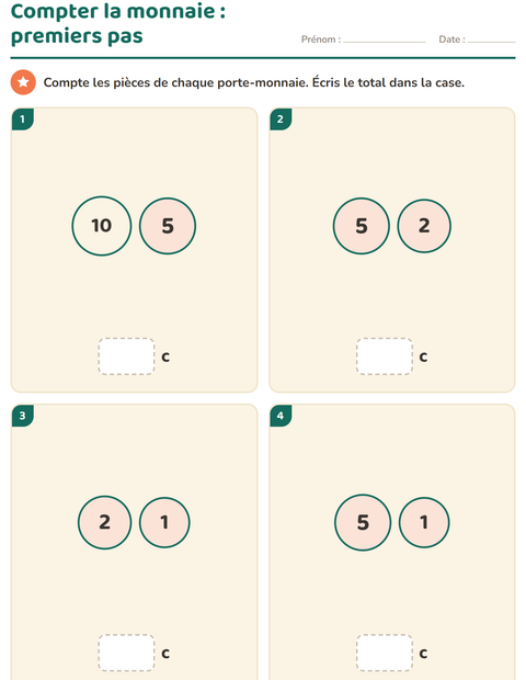 Aperçu de la fiche Compter la monnaie pour CP (cours préparatoire)