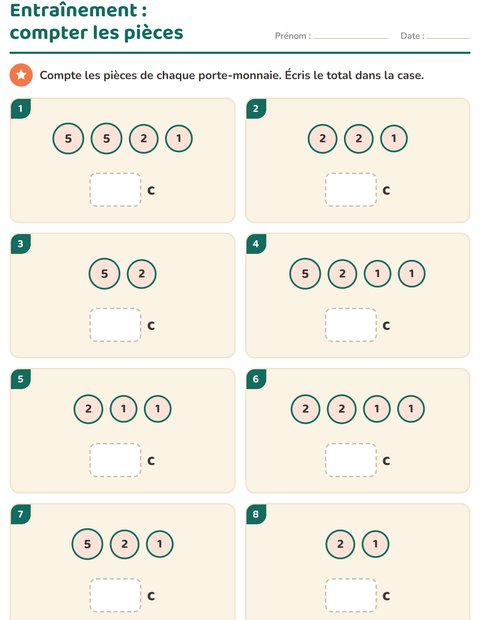 Aperçu de la fiche Compter la monnaie pour CP (cours préparatoire)