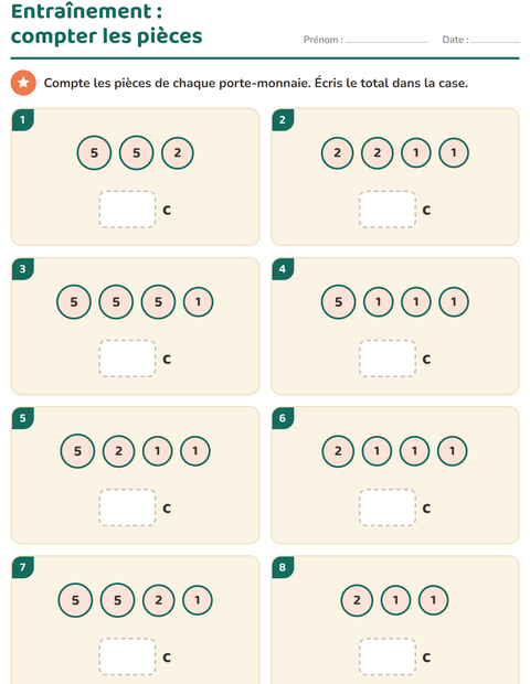 Aperçu de la fiche Compter la monnaie pour CP (cours préparatoire)