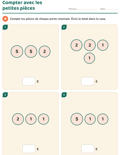 Aperçu de la fiche Compter la monnaie pour CP (cours préparatoire)