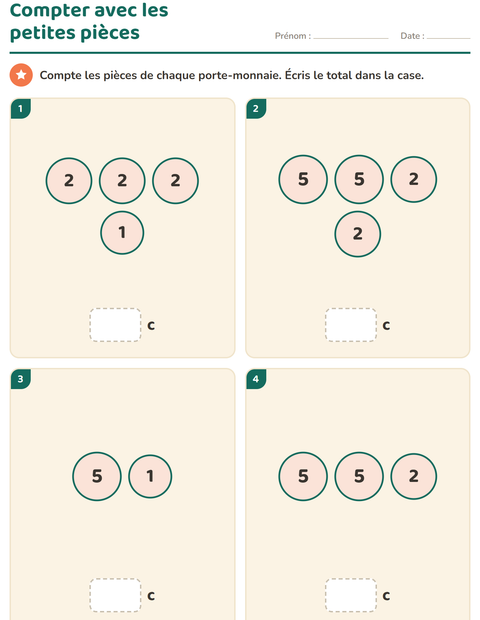 Aperçu de la fiche Compter la monnaie pour CP (cours préparatoire)