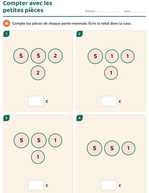 Aperçu de la fiche Compter la monnaie pour CP (cours préparatoire)