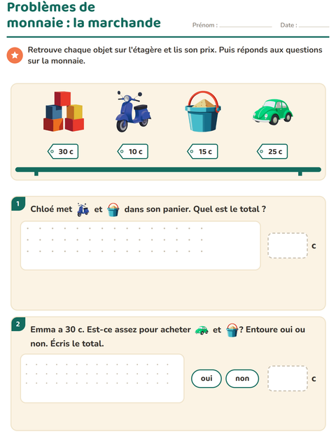 Aperçu de la fiche Compter la monnaie avec Jouets pour CE1 (cours élémentaire 1)