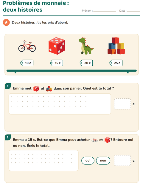 Aperçu de la fiche Compter la monnaie avec Jouets pour CE1 (cours élémentaire 1)