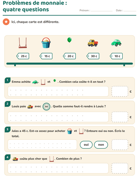 Aperçu de la fiche Compter la monnaie avec Jouets pour CE1 (cours élémentaire 1)