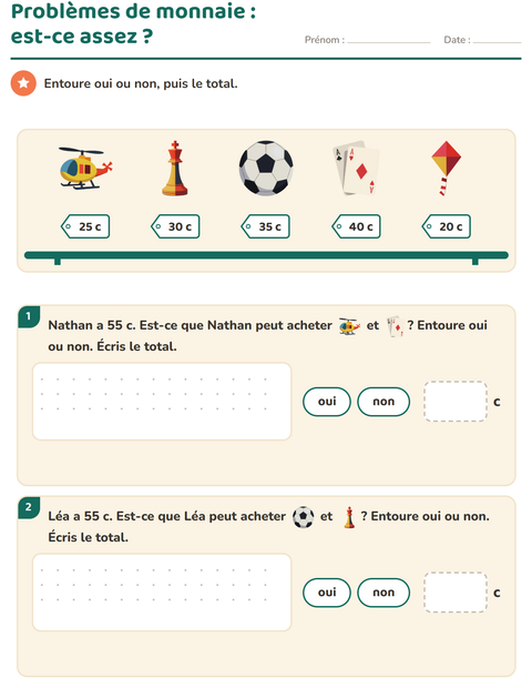 Aperçu de la fiche Compter la monnaie avec Jouets pour CE1 (cours élémentaire 1)