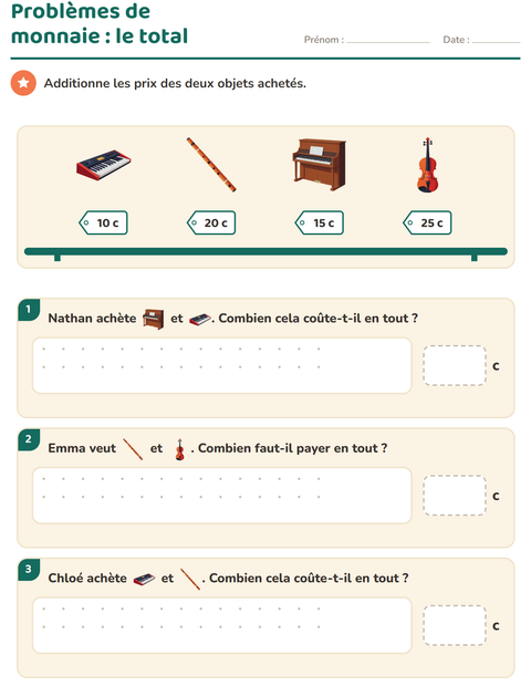 Aperçu de la fiche Compter la monnaie avec Musique pour CE1 (cours élémentaire 1)