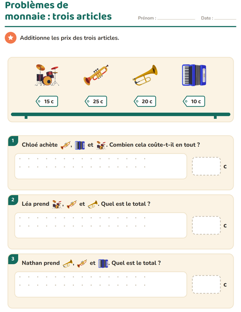 Aperçu de la fiche Compter la monnaie avec Musique pour CE1 (cours élémentaire 1)