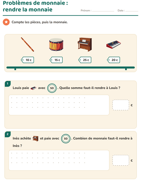 Aperçu de la fiche Compter la monnaie avec Musique pour CE1 (cours élémentaire 1)