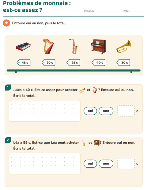 Aperçu de la fiche Compter la monnaie avec Musique pour CE1 (cours élémentaire 1)