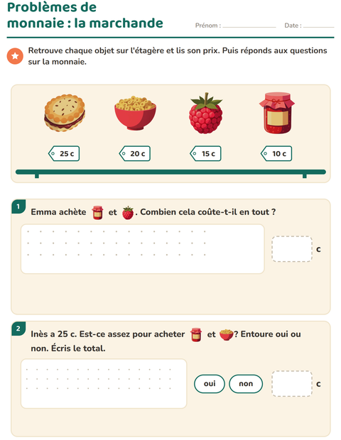 Aperçu de la fiche Compter la monnaie avec Petit-déjeuner pour CE1 (cours élémentaire 1)