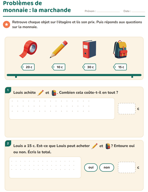 Aperçu de la fiche Compter la monnaie avec Salle de classe pour CE1 (cours élémentaire 1)