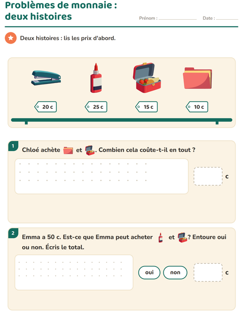 Aperçu de la fiche Compter la monnaie avec Salle de classe pour CE1 (cours élémentaire 1)