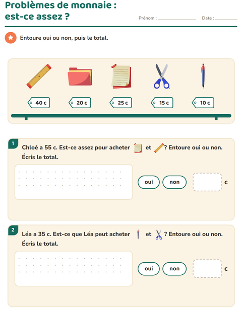Aperçu de la fiche Compter la monnaie avec Salle de classe pour CE1 (cours élémentaire 1)