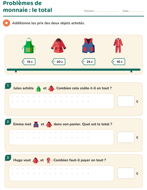 Aperçu de la fiche Compter la monnaie avec Vêtements pour CE1 (cours élémentaire 1)