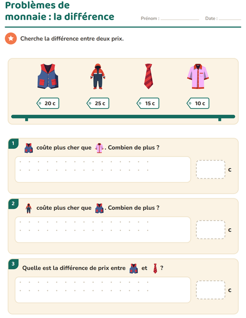 Aperçu de la fiche Compter la monnaie avec Vêtements pour CE1 (cours élémentaire 1)