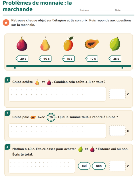 Problèmes de monnaie : la marchande de fruits