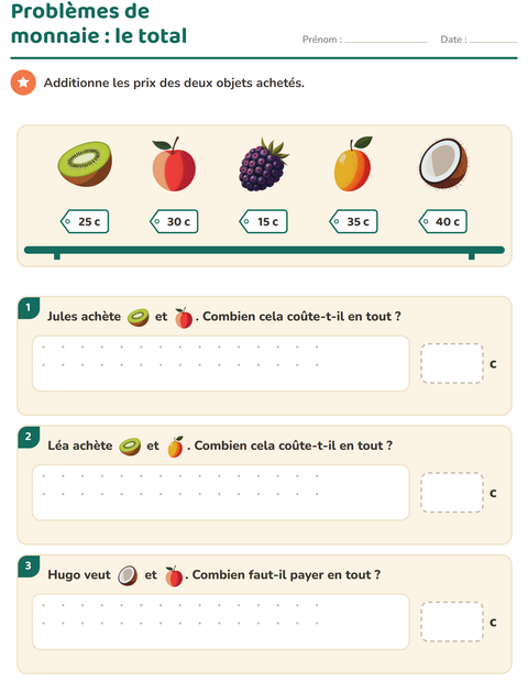 Aperçu de la fiche Compter la monnaie avec Fruits pour CE1 (cours élémentaire 1)