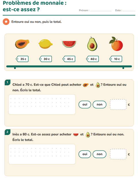 Aperçu de la fiche Compter la monnaie avec Fruits pour CE1 (cours élémentaire 1)