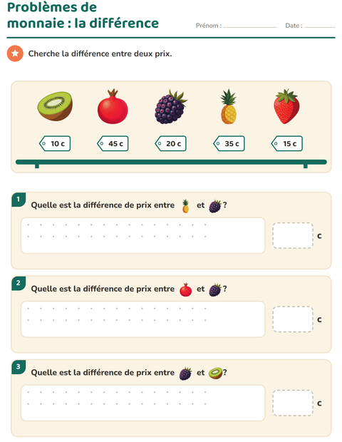 Aperçu de la fiche Compter la monnaie avec Fruits pour CE1 (cours élémentaire 1)