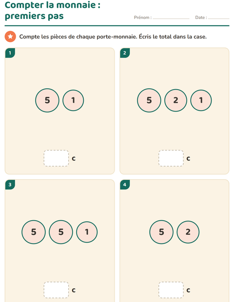 Aperçu de la fiche Compter la monnaie pour CP (cours préparatoire)