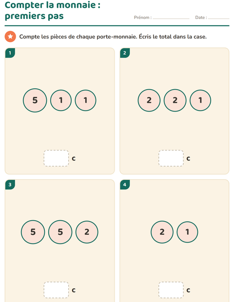 Aperçu de la fiche Compter la monnaie pour CP (cours préparatoire)