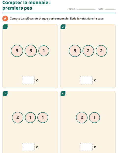 Aperçu de la fiche Compter la monnaie pour CP (cours préparatoire)