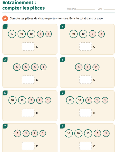 Aperçu de la fiche Compter la monnaie pour CP (cours préparatoire)