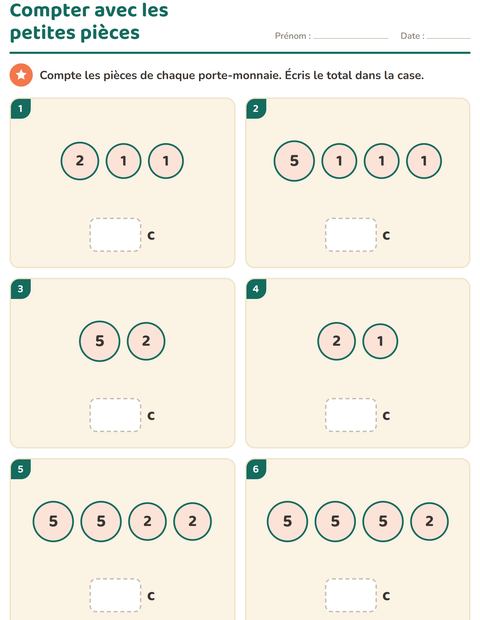 Aperçu de la fiche Compter la monnaie pour CP (cours préparatoire)