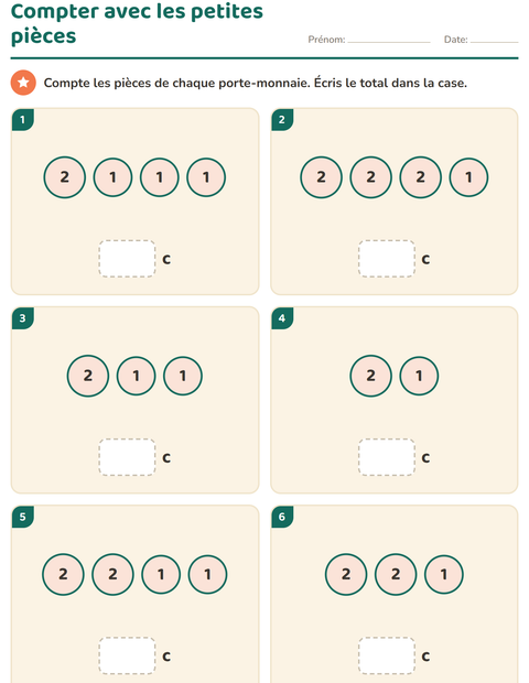 Compter avec les pièces de 1 et 2 centimes