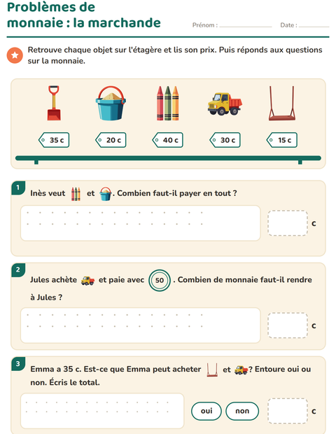 Aperçu de la fiche Compter la monnaie avec Jouets pour CE1 (cours élémentaire 1)