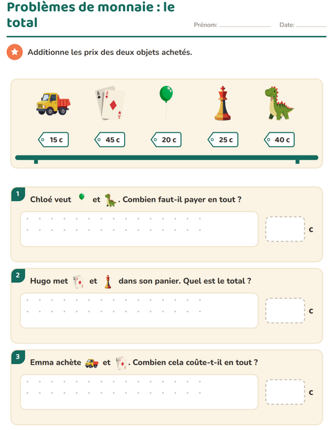 Problèmes de monnaie : trois totaux à calculer