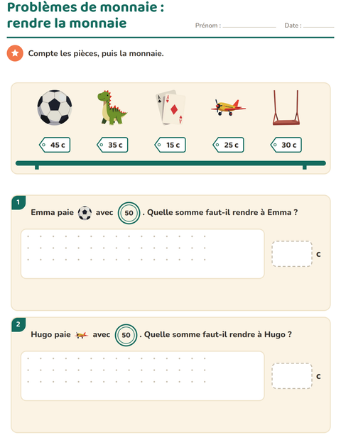 Aperçu de la fiche Compter la monnaie avec Jouets pour CE1 (cours élémentaire 1)
