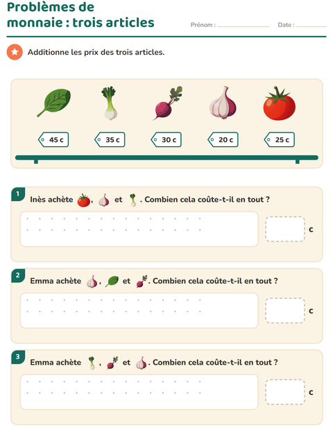 Aperçu de la fiche Compter la monnaie avec Légumes pour CE1 (cours élémentaire 1)