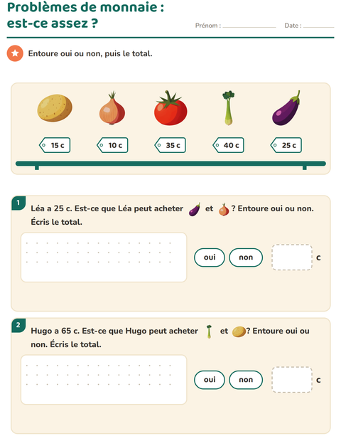 Aperçu de la fiche Compter la monnaie avec Légumes pour CE1 (cours élémentaire 1)